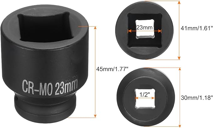HARFINGTON 4 Point Square Socket 1/2" Drive 23mm Metric Square Impact Socket CR-MO Blackening Standard Wheel Sockets Pneumatic Socket Tool for Auto Repair Mechanical Maintenance Home Use
