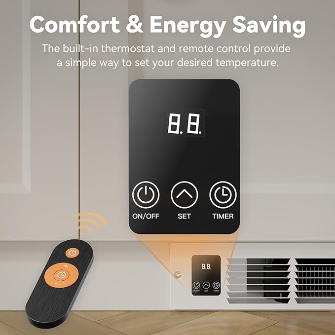 Electric Kickspace Heater with Built-In Thermostat and Timer, 1500W Plinth Heater HTA15-ULTRA for Cabinet Kickspaces, Vanities and Stairways, White