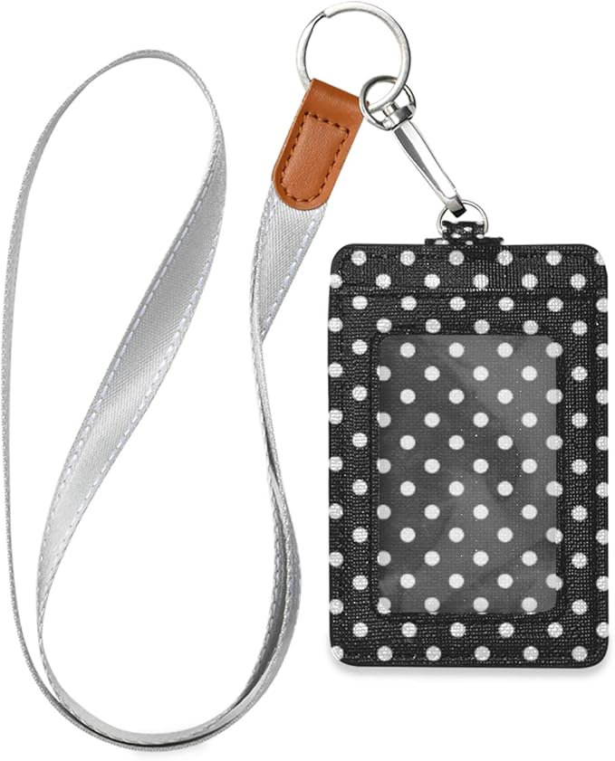 Polka Dot ID Badge Holder with Lanyard, Vertical Leather ID Badge Card Holder for Office Staff, School Teacher and Student