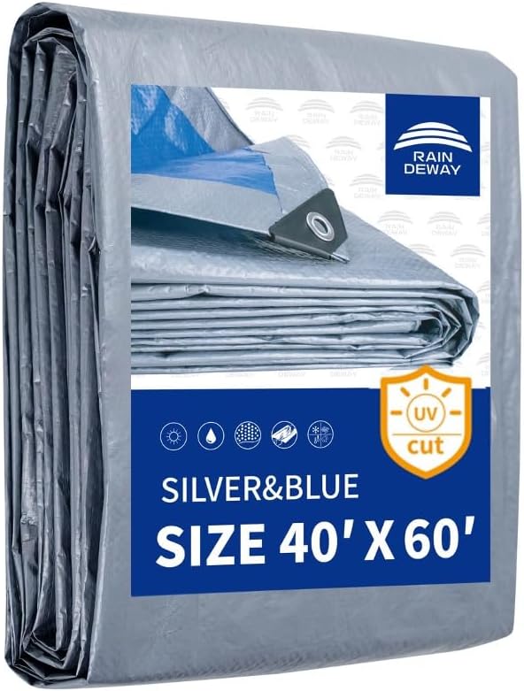 RAINDEWAY Large Tarps 40x60 Feet, 5.5 Mil - Multipurpose Waterproof Poly Tarp Cover with Metal Grommets and Reinforced Edges, Silver/Blue Tarp