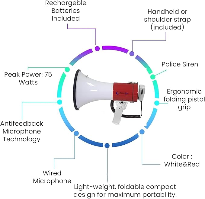 Technical Pro Rechargeable Portable 75-Watt Megaphone Bullhorn Speaker w/Siren & Detachable Microphone - Battery w/Battery a Built-in AC Wall Charger, Good for Trainers, Coaches, Cheer Leaders