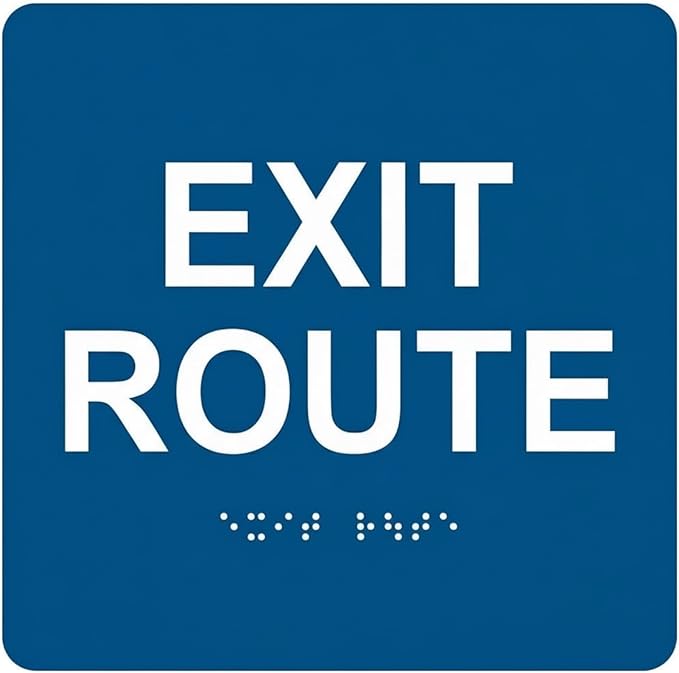 ADA Exit Route Sign with Braille and Raised Letters, ADA Compliant 6"x6" with 3M Double Sided Tape (Blue)