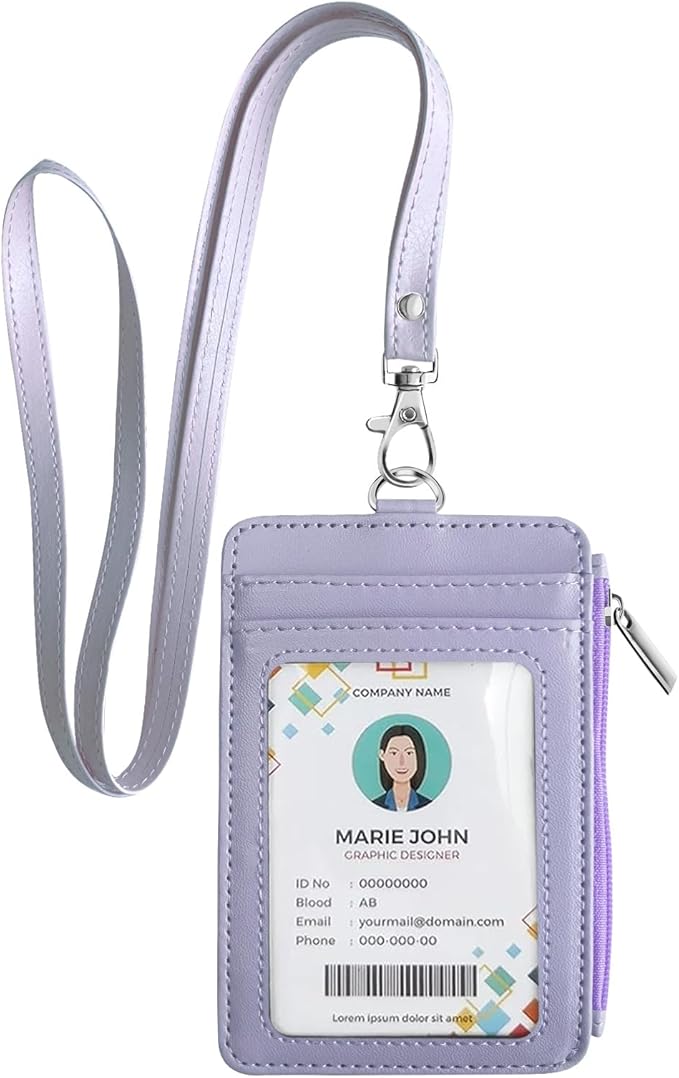 bolimoss 2-in-1 ID Badge Holder & Lanyard Wallet for Women Teacher, Multiple Card Slots PU Leather ID Badge Wallet Case with Detachable Neck Lanyard 1 ID Window, 4 Card Slots, 1 Side Zipper Pocket