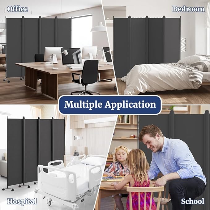Kokorona 4 Panel Room Divider, 6FT Tall Rolling Privacy Screen with Lockable Wheels, Folding Wall Dividers Portable Room Divider for Room Separation, Included - Cover Strips, Grey, 88''W x 70''H
