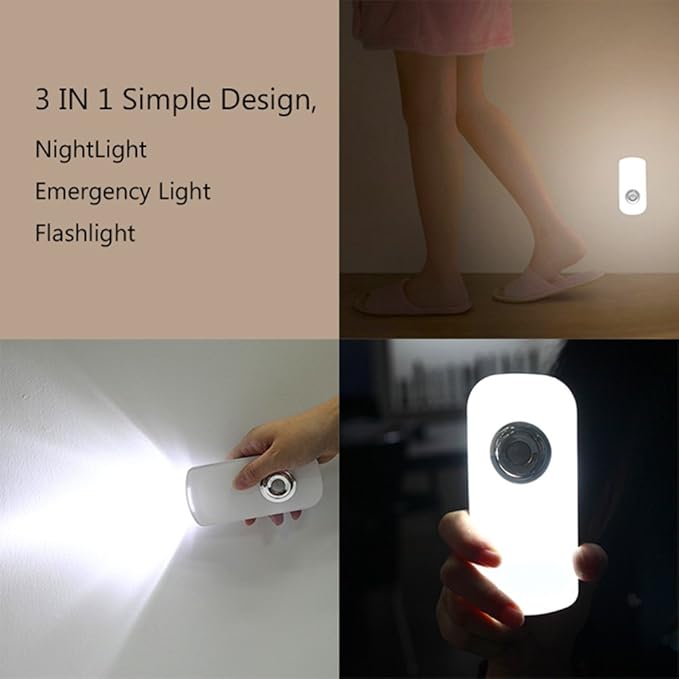 2 Pack LED Night Light, Flashlight Motion Sensor Cut 3-in-1, Rechargeable Emergency Light, Auto Sensing Energy Saving Wall Mount Plug-in Light Portable LED Torch White Small Size