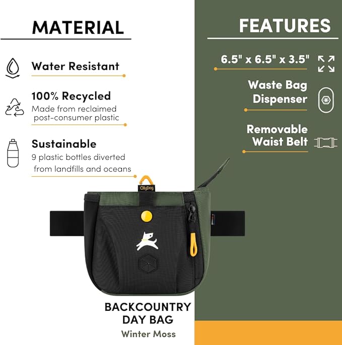 OllyDog Backcountry Day Bag | Hands-Free Dog Training Treat Pouch | Fanny/Hip Pack with Zipper Closure & Built-in Poop Bag Dispenser | Removable Waist Clip (Winter Moss)