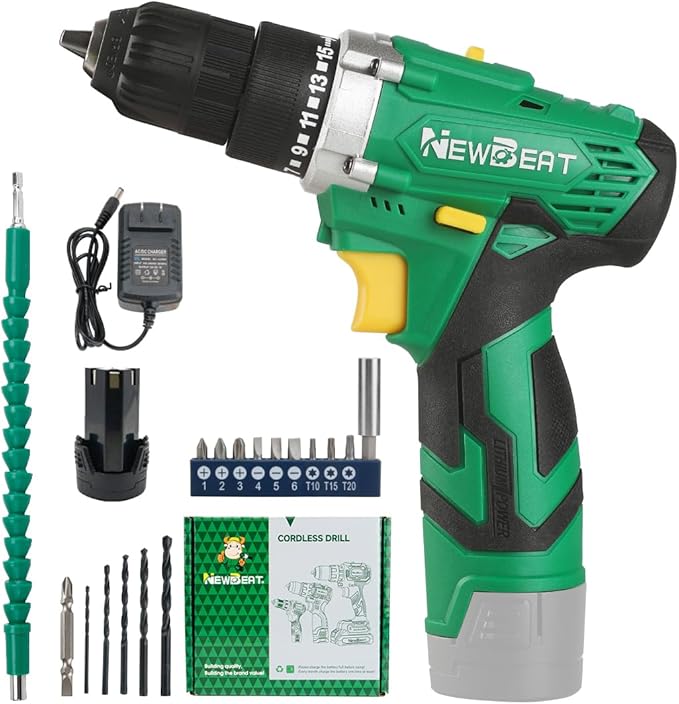 Cordless Drill Set, 12V Power Drill Driver with 1 Battery and Charger, 3/8" Keyless Chuck, 2 Variable Speed, 15+1 Torque Setting, Drill Driver Kit for Home and DIY Project