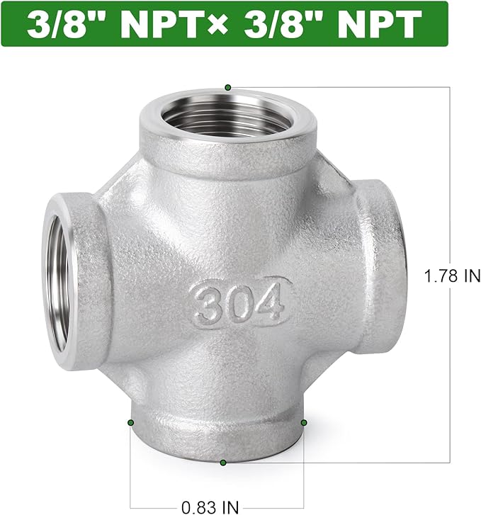 TAISHER 2PCS Stainless Steel 4 Way Pipe Fittings, 3/8" x 3/8" x 3/8" x 3/8" NPT Female Pipe Fittings