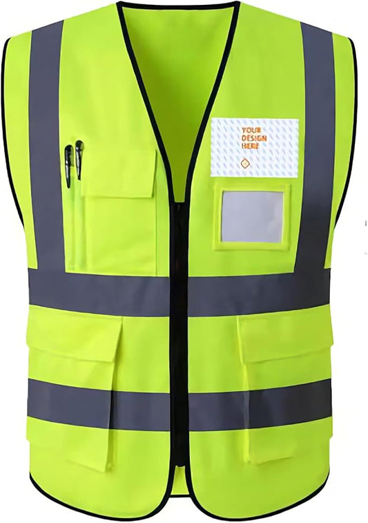 Custom Safety Vest Personalized Logo Hi Vis Reflective Zipper Work Vest with Pockets Fluorescent Yellow Class 2