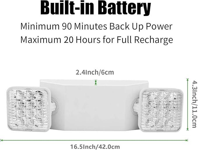 Commercial Emergency Light, UL Certified, White Emergency Light Fixture with 2 LED Square Heads Adjustable & Backup Batteries Exit Lighting (6 Pack)