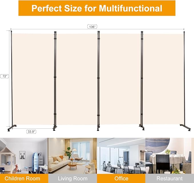 Room Divider 6FT Folding Privacy Screens, 4 Panel Partition Room Dividers w/Freestanding Design, Portable Wall Divider for Room Separtation, Fabric Screen Panel for Home Office Bedroom Dorm