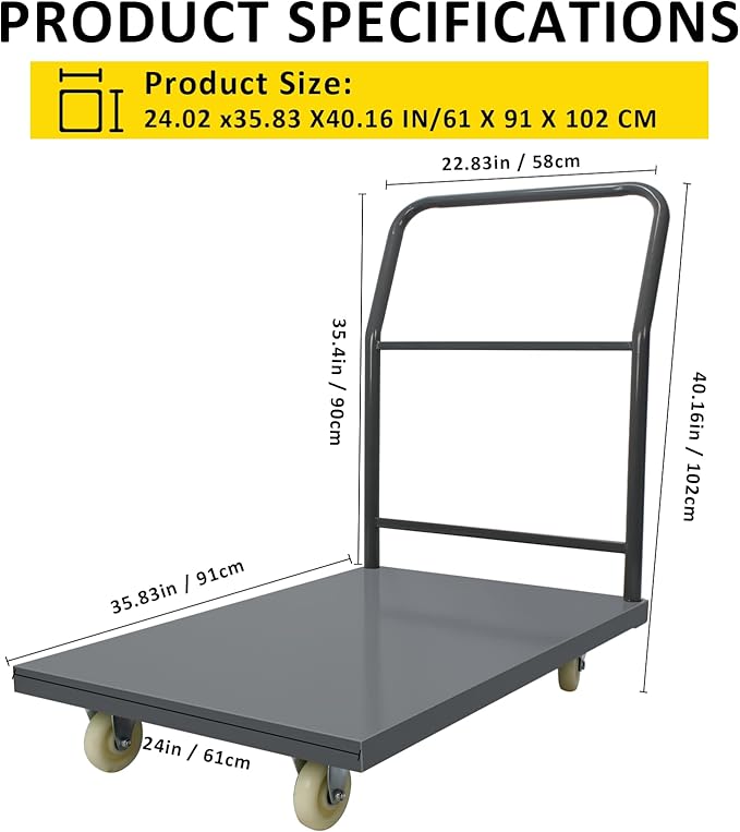Heavy Duty Platform Truck Moving Flatbed Cart, 24"x36"Push Dolly, 2000 LBS Dolly Cart Flatform with Wheels and Handle, Steel Flatbed Cart for Luggage Moving, Shopping