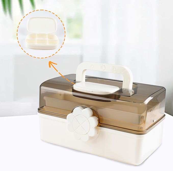 3-Tier Medicine Box,Portable Medicine Storage Box with Handle,Medicine Cabinet for Bottle Organizer,Plastic Large Capacity First Aid Box for Family,Office and Travel, 11.4" L × 7.6" W × 6.2" H