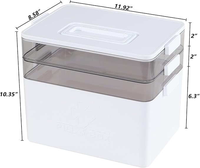 Kekow 3-Tier Portable Medicine Cabinet Organizer, Plastic Large Medicine Storage Box with Handle, White