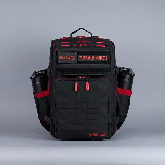WOLFpak 45L Athletic Gym Backpack - Durable 1000D Waterproof Oxford Material with MOLLE Webbing, Laptop Pocket & Dual Cup Holders, Durable Fitness/Travel/Military Daypack (Red Wolf)