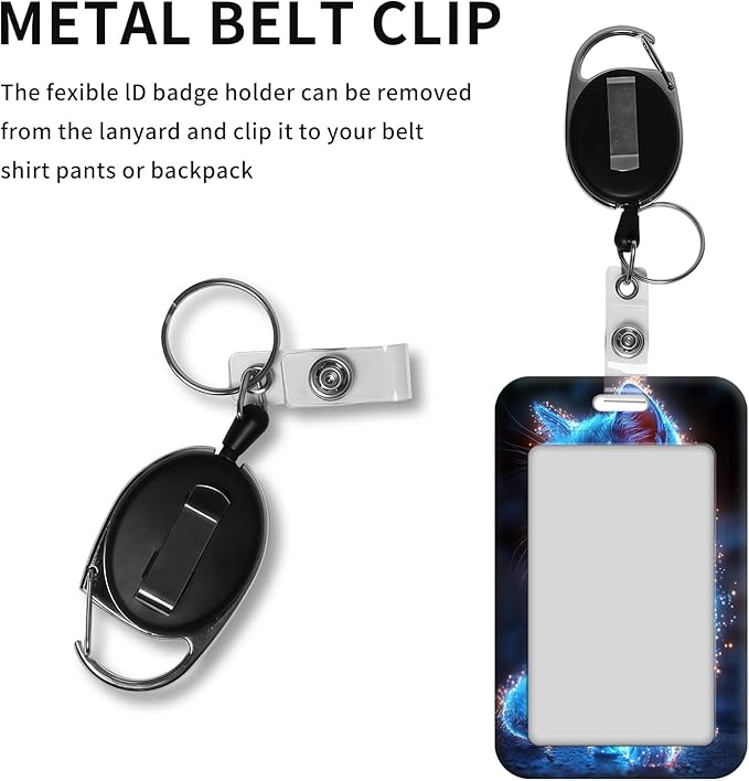 ID Badge Holder with Retractable Lanyard for Women & Men,Vertical ID Card Holder Wallet,Clear Window&Card Slot,Detachable Neck Strap for Nurse Teacher Office,Neon Blue Kitten
