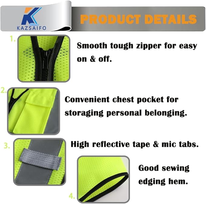 Hi Vis Reflective Safety Vest for Men Women Work,Mesh High Visibility Class 2 Construction Vest with Chest Pocket and Zipper Front,Meets ANSI/ISEA Standard(KZ179-Yellow-M)
