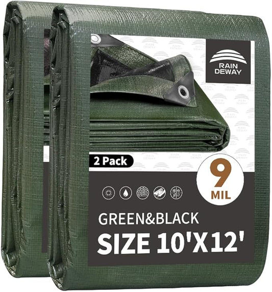 RAINDEWAY Tarps 10x12 Feet（2 Pack）,Tarp Waterproof,9Mil Thick Finished Size, Multipurpose Poly Tarp Cover with Metal Grommets and Reinforced Edges,Green/Black Tarpaulin