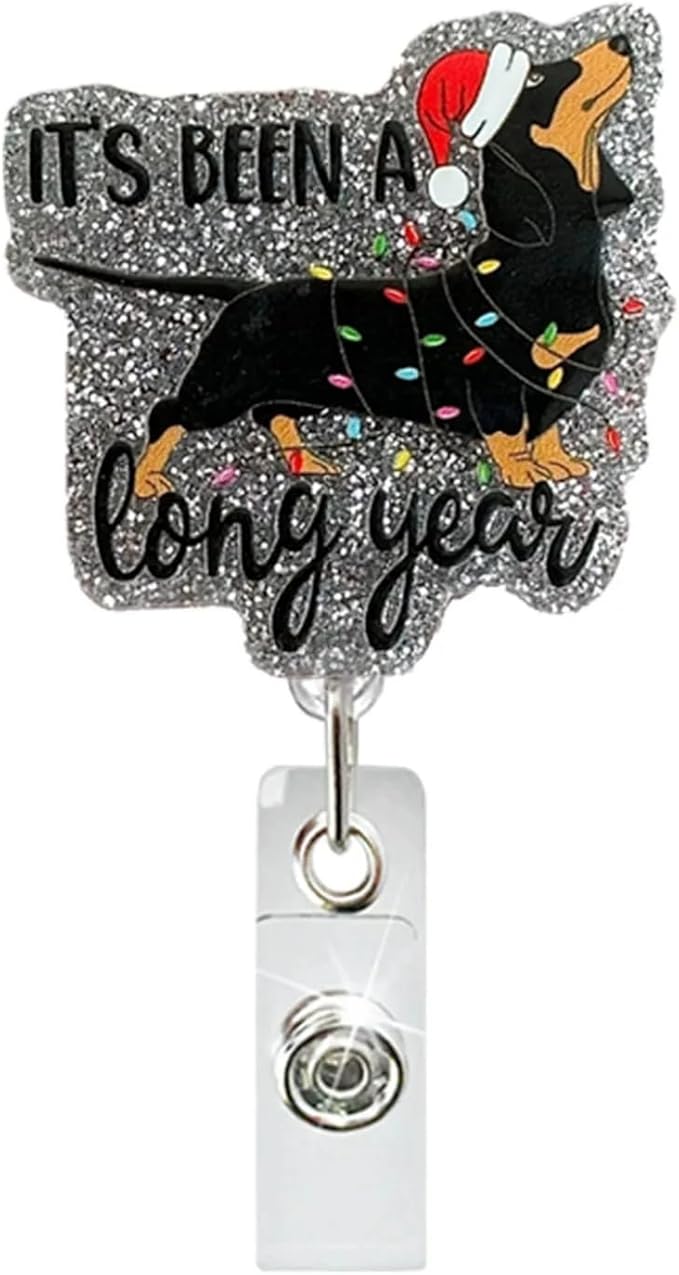 Christmas Badge Reel Cute Black Dog Badge Holder Retractable ID Card Alligator Clip Christmas Dachshund Badge Reels Light Strings Puppy Acrylic Glitter Animals Nurse Name Tag for Medical Assistants