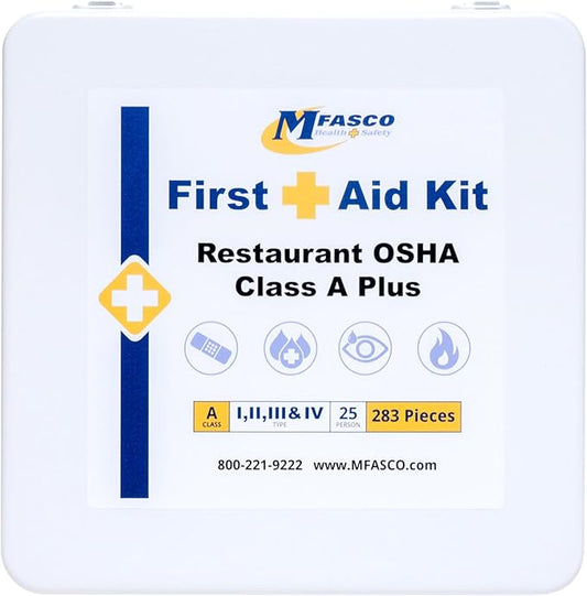 MFASCO Restaurant 2021 OSHA Compliant Class A First Aid Kit - Metal Box for Food Trucks & Catering - Carry or Mount - Easy Maintenance & Refill - Great for Restaurant & Industrial Settings - 283 Pcs