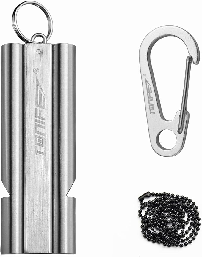 TONIFE Double-Tube Whistle Emergency Whistle with Ball Chain, Survival Whistle Stainless Steel Outdoor Loud Emergency Whistle for Camping Hiking Boating
