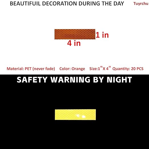 Non Fading Orange Reflective Stickers 1 inch X 4 inch, Outdoor Waterproof High Visibility Warning Safety Adhesive Reflector Tape (20 Pcs)
