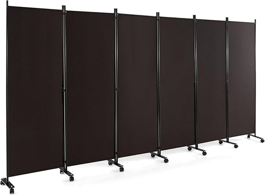 Giantex 6 Panel Room Divider, 132''W x 68''H Large Folding Privacy Screen, Rolling Partition Room Dividers for Home Office Studio Separation, Freestanding Fabric Wall Divider Screen on Wheels, Brown