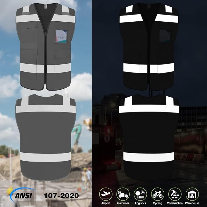 TCCFCCT Hi Vis Vest 5 Pockets High Visibility Reflective Safety Vest for Men Women, Neon Construction Vest with Horizontal Strip for Walkie-talkie and ID Card, Meets ANSI/ISEA Standards, Grey, 3XL