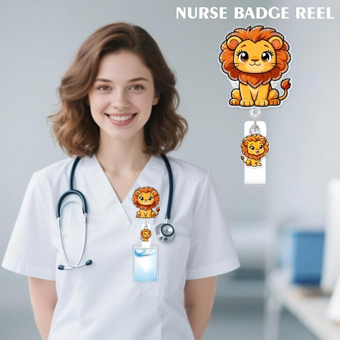 Cute Lion Badge Reel for ID Card, Funny Animal Lion Retractable Nurse Alligator Clip Badge Reel for Women, ID Name Tag Badge Holder for Office School Hospital Nurses Doctors Teachers