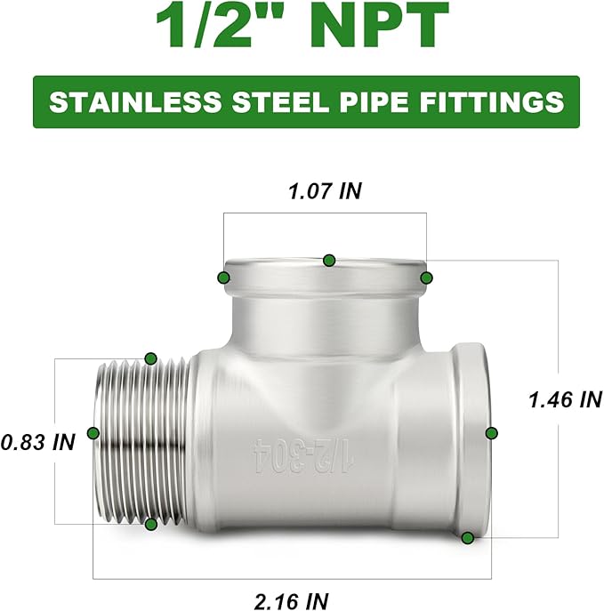 TAISHER 5PCS 304 Stainless Steel Tee Pipe Fittings, 1/2" NPT Female x 1/2" NPT Female x 1/2" NPT Male Pipe Fittings, Male Run Tee