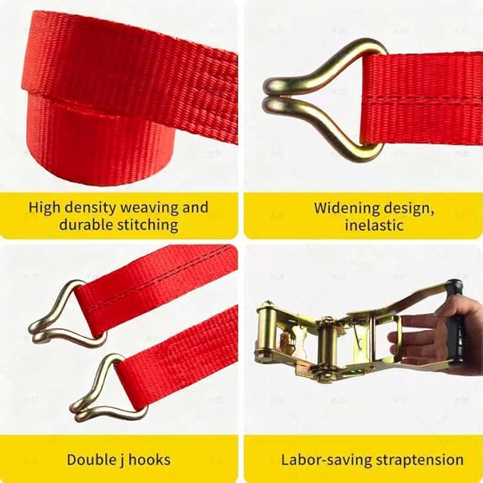 2 Pack Heavy Duty Ratchet Tie Down Straps 2" x16' – 11023 lbs Break Strength Cargo Straps with Metal Hooks for Truck, Trailer, Moving, Motorcycle & ATV, Red