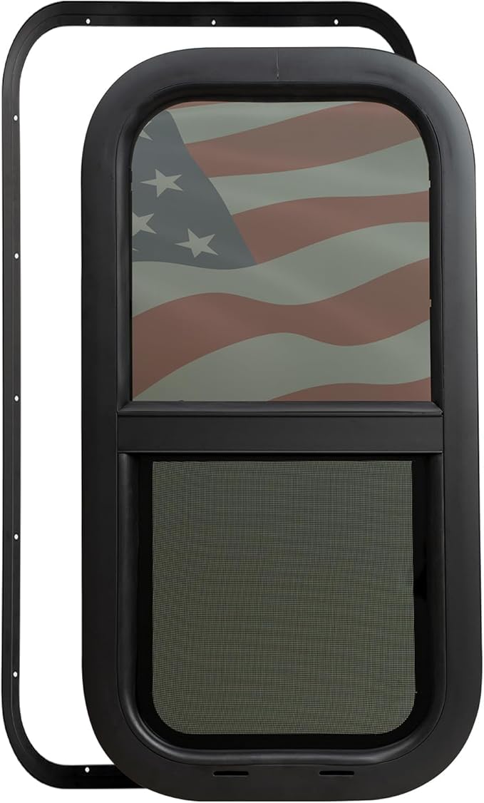 12"x24" RV Window - Vertical Sliding Teardrop Style, DOT-Certified Tempered Glass & Trim Set, Aluminum Alloy Frame w/Mesh Screen