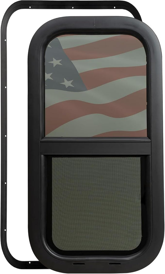 12"x24" RV Window - Vertical Sliding Teardrop Style, DOT-Certified Tempered Glass & Trim Set, Aluminum Alloy Frame w/Mesh Screen