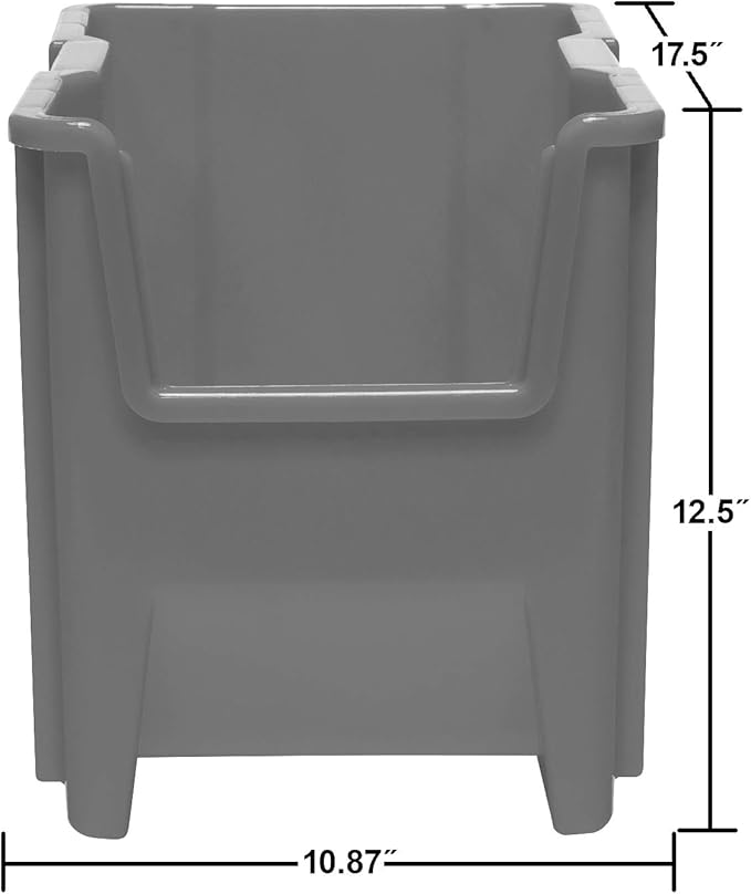 Akro-Mils 13014 Stak-N-Store Heavy Duty Stackable Open Front Plastic Storage Container Bin, (17-1/2-Inch x 11-Inch x 12-1/2-Inch), Gray, (4-Pack)