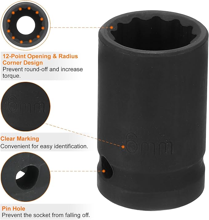 HARFINGTON 12-Point Impact Socket 1/2 Inch Drive 16mm Metric Cr-V Shallow Impact Socket Nut Driver Wrench for Auto Repair
