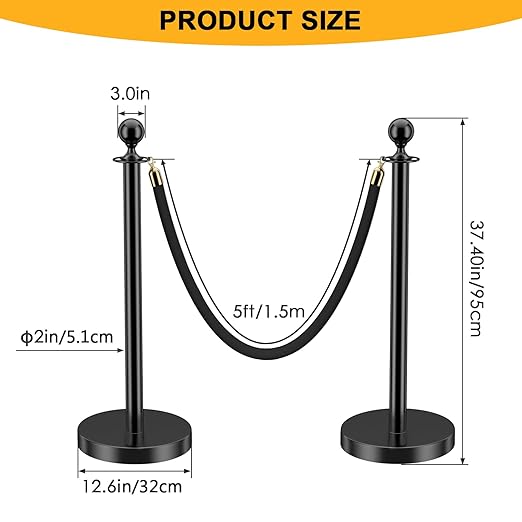 LOVMOR Stainless Steel Stanchion Post, 5 FT Black Carpet Ropes, Stanchion Post with Ball Top, Hollow Base and Velvet Ropes Safety Barriers Set for Party