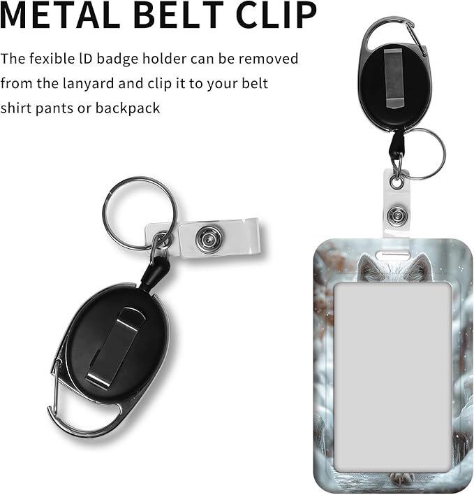 ID Badge Holder with Retractable Lanyard for Women & Men,Vertical ID Card Holder Wallet,Clear Window&Card Slot,Detachable Neck Strap for Nurse Teacher Office,Arctic Wolf Snow