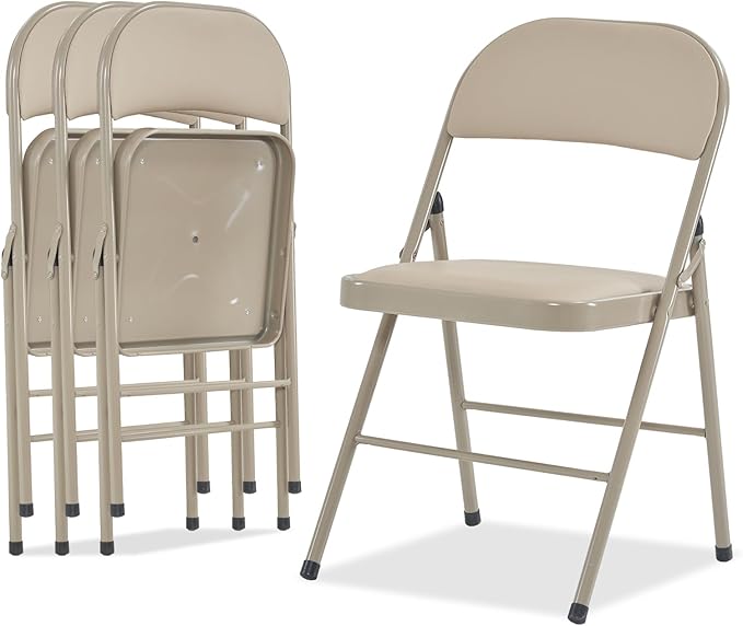 VINGLI 4 Pack Folding Chairs with Padded Seats, Metal Frame with Pu Leather Seat & Back, Capacity 350 lbs, Set of 4, Khaki