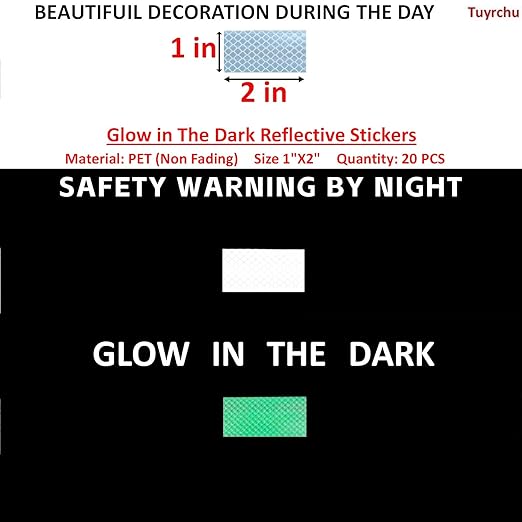 Glow in The Dark Reflective Stickers 1 inch X 2 inch for Bikes, Outdoor Waterproof High Visibility Reflector (20 Pcs)