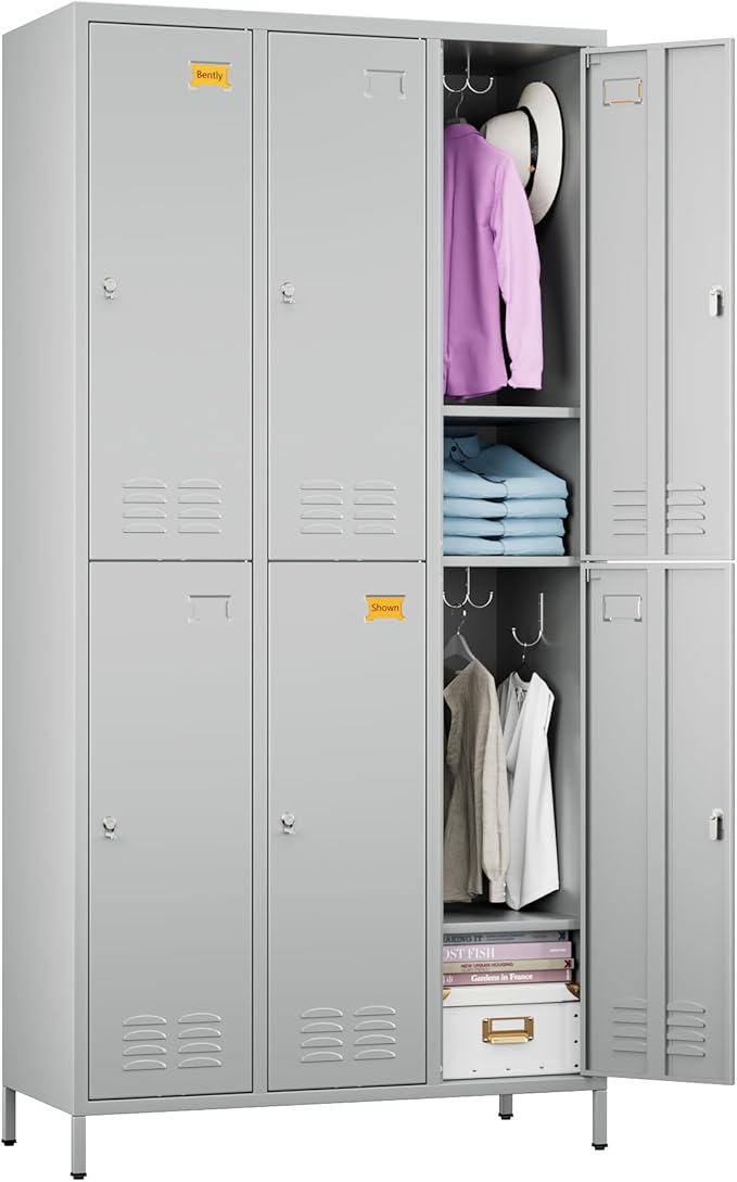 6 Doors Metal Locker Employee with Business Card Holder,Metal Locker for Employees with 18 Hooks for School Garage Office Gym Home,Assembly Required,Light Grey