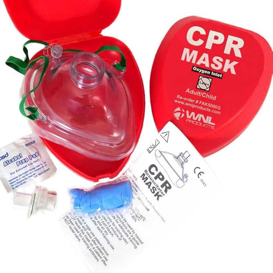 WNL Products FAK5000G-BUNDLE Adult/Child CPR Rescue Mask Kit with CPR Keychain - Hard Case CPR Mask with One-Way Valve, Gloves, Antiseptic Wipe, and Face Shield Keychain Barrier - Bundle