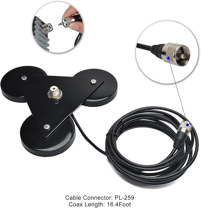 Heavy-Duty SO239 Magnetic Antenna Mount Base with Triple Magnets,W/5M(16.4 ft) RG-58 Cable PL-259 Plug,for Mobile Ham Radio Antenna
