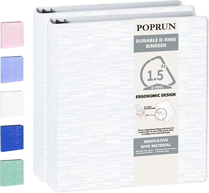 POPRUN 3 D Ring Binder 1.5 Inch, PVC-Free, Holds 375 Sheets of 8.5 x 11 Paper, Extra Durable Organizer with 2 Pockets for School & Office, Heavy-Duty, 2 Pack, White