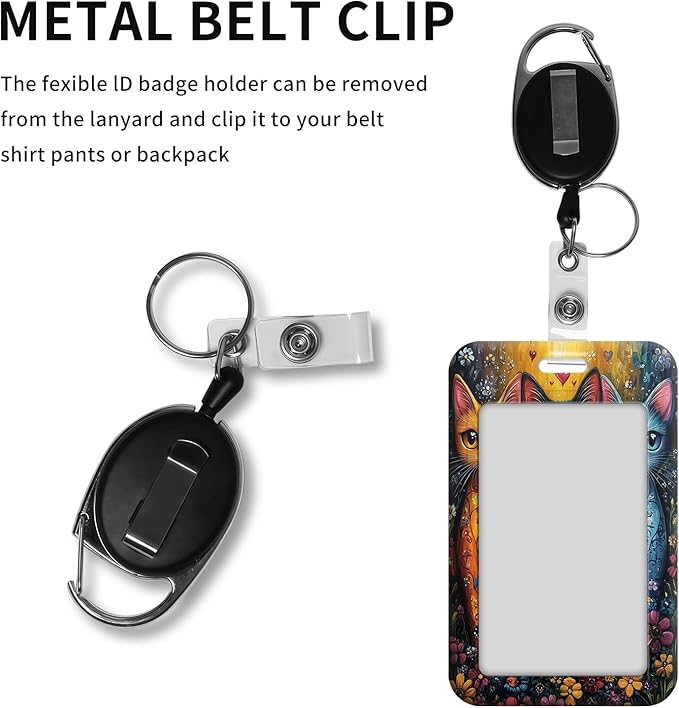 ID Badge Holder with Retractable Lanyard for Women & Men,Vertical ID Card Holder Wallet,Clear Window&Card Slot,Detachable Neck Strap for Nurse Teacher Office,Colorful Art Cats