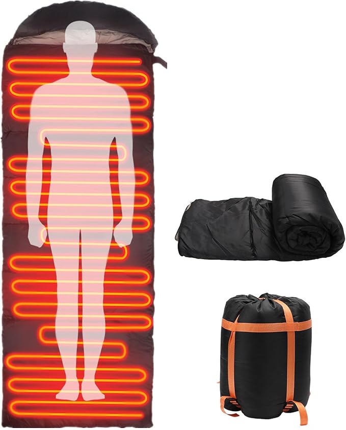 Heated Sleeping Bag for Adults, Electric Warm Bag with 3 Adjustable Heating Levels, USB Powered Heating Pads Adjustable Hood, 0 Degree Sleeping Bag Keep Warm for Cold Weather Camping Outdoor Hiking