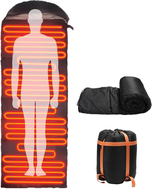 Heated Sleeping Bag for Adults, Electric Warm Bag with 3 Adjustable Heating Levels, USB Powered Heating Pads Adjustable Hood, 0 Degree Sleeping Bag Keep Warm for Cold Weather Camping Outdoor Hiking