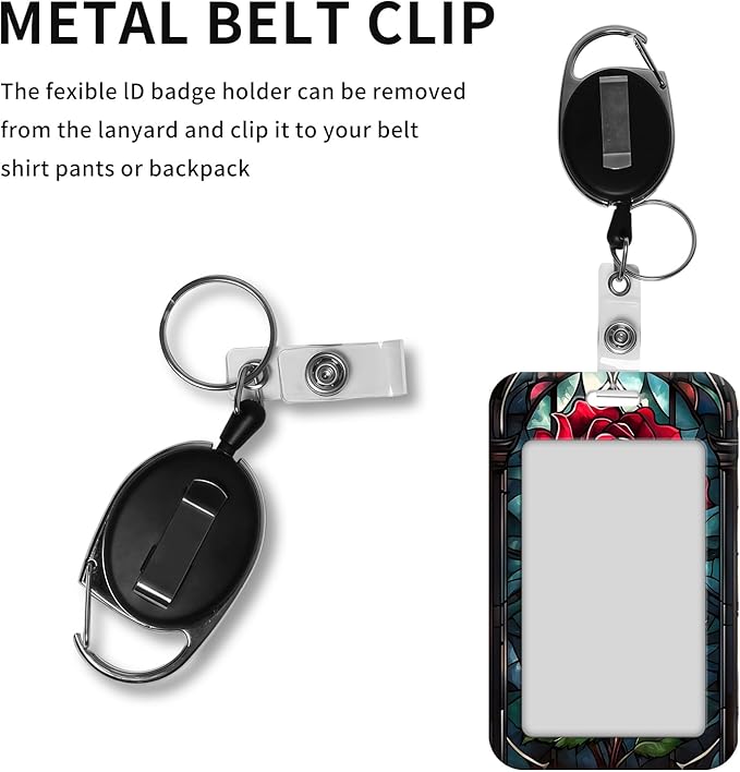 ID Badge Holder with Retractable Lanyard for Women & Men,Vertical ID Card Holder Wallet,Clear Window&Card Slot,Detachable Neck Strap for Nurse Teacher Office,Glass Red Rose