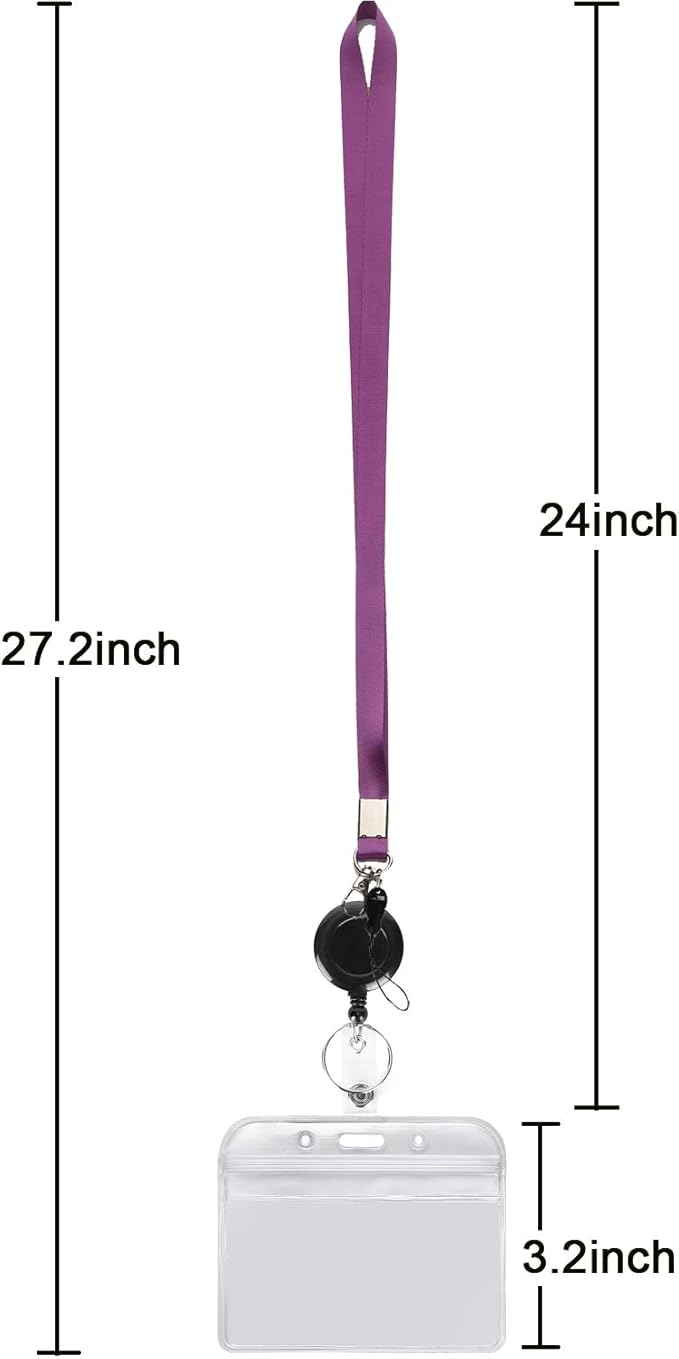 YOUOWO 2 Pack Lanyard with ID Badge Holders Horizontal and Retractable Badge Reel,Purple Grey Office Neck Lanyards with id Card Holder Punched Zipper Waterproof Resealable