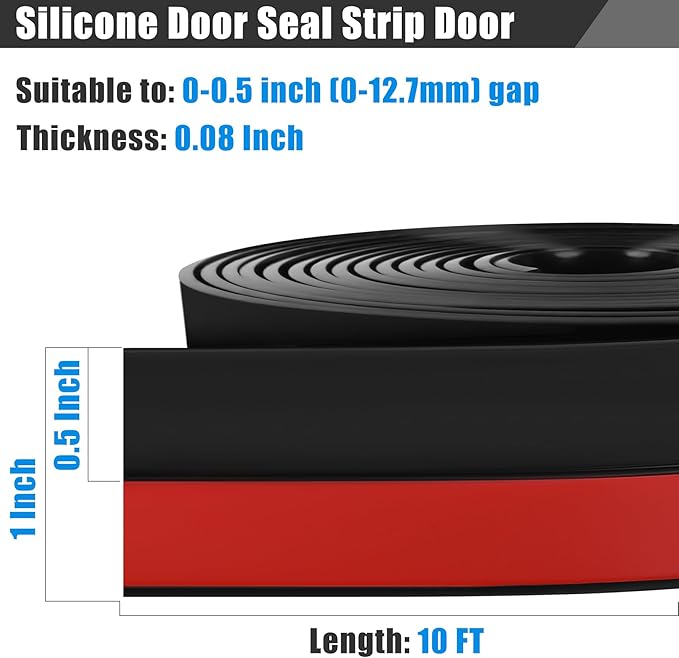Draft Seal Tape for Doors and Windows 1 in x 10 Ft Silicone Weather Stripping Extra Thick 2mm Door Seal Strip with Strong Adhesive Draft Insulation Stopper Side Seal - Black