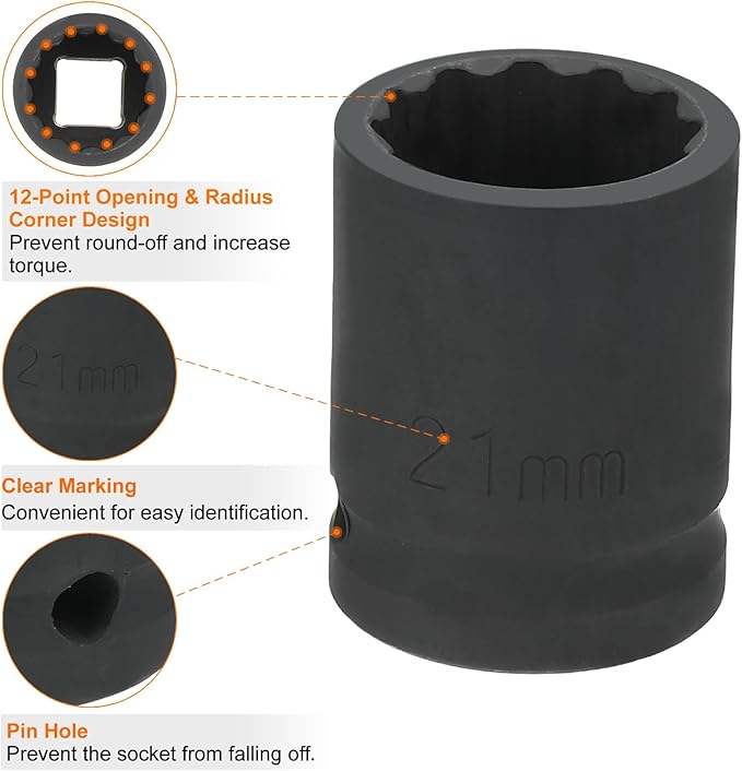 HARFINGTON 12-Point Impact Socket 1/2 Inch Drive 21mm Metric Cr-V Shallow Impact Socket Nut Driver Wrench for Auto Repair